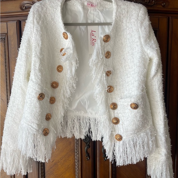 NWT La Ros Designer Inspired White Tweed Fringe Blazer Sz S - Picture 3 of 6